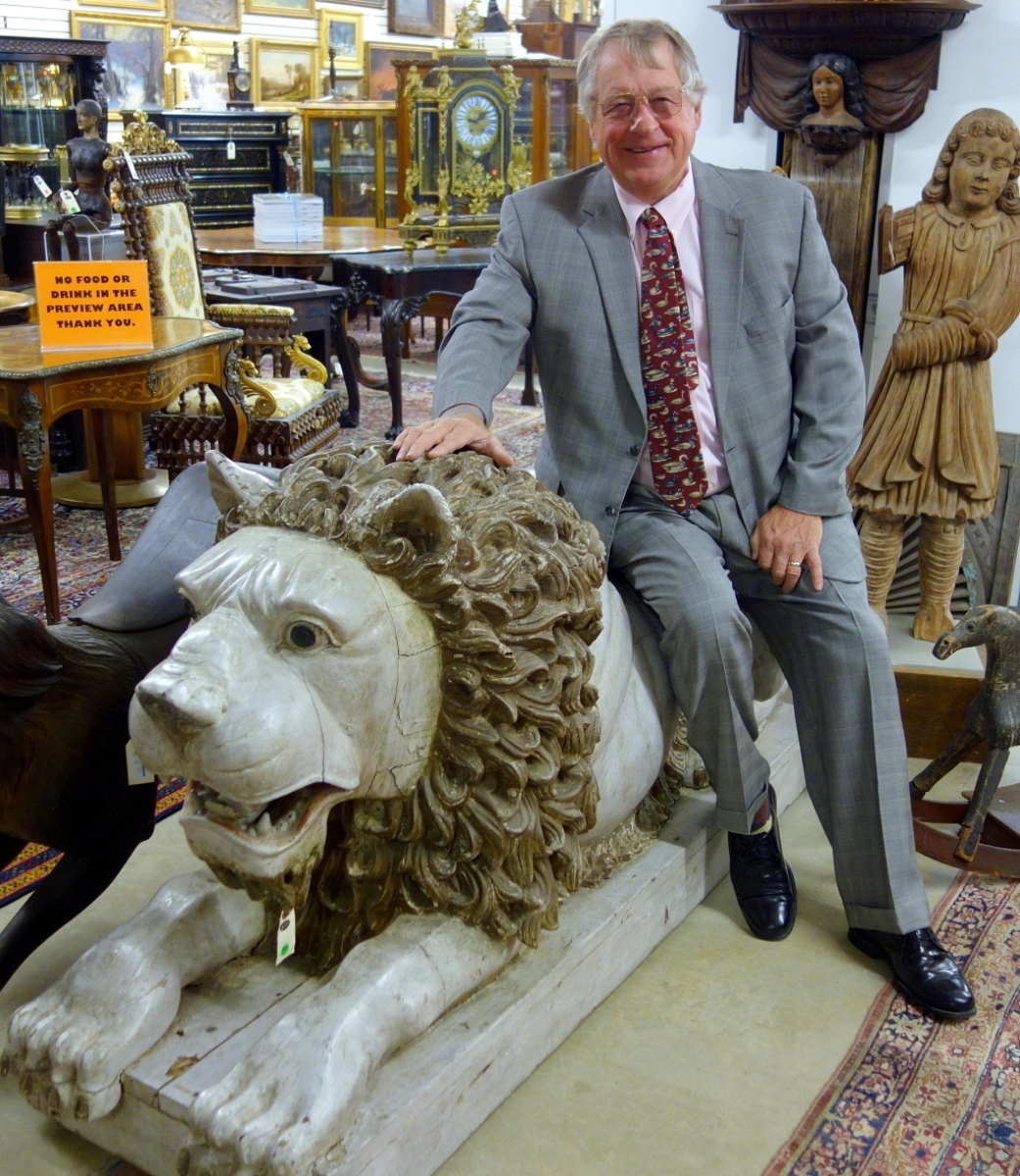 Jim Julia presided over a $3.65 million auction of fine and decorative arts in August 2017.   The lion, a crowd-pleaser, found a new home with Pennsylvania dealer Diana Bittel.